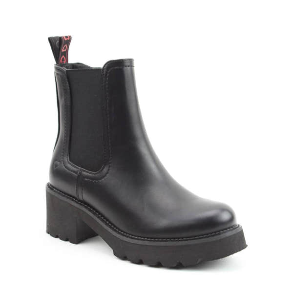 Heavenly Feet Honeybelle women's black vegan pull-on ankle boots with chunky heel and rugged sole.