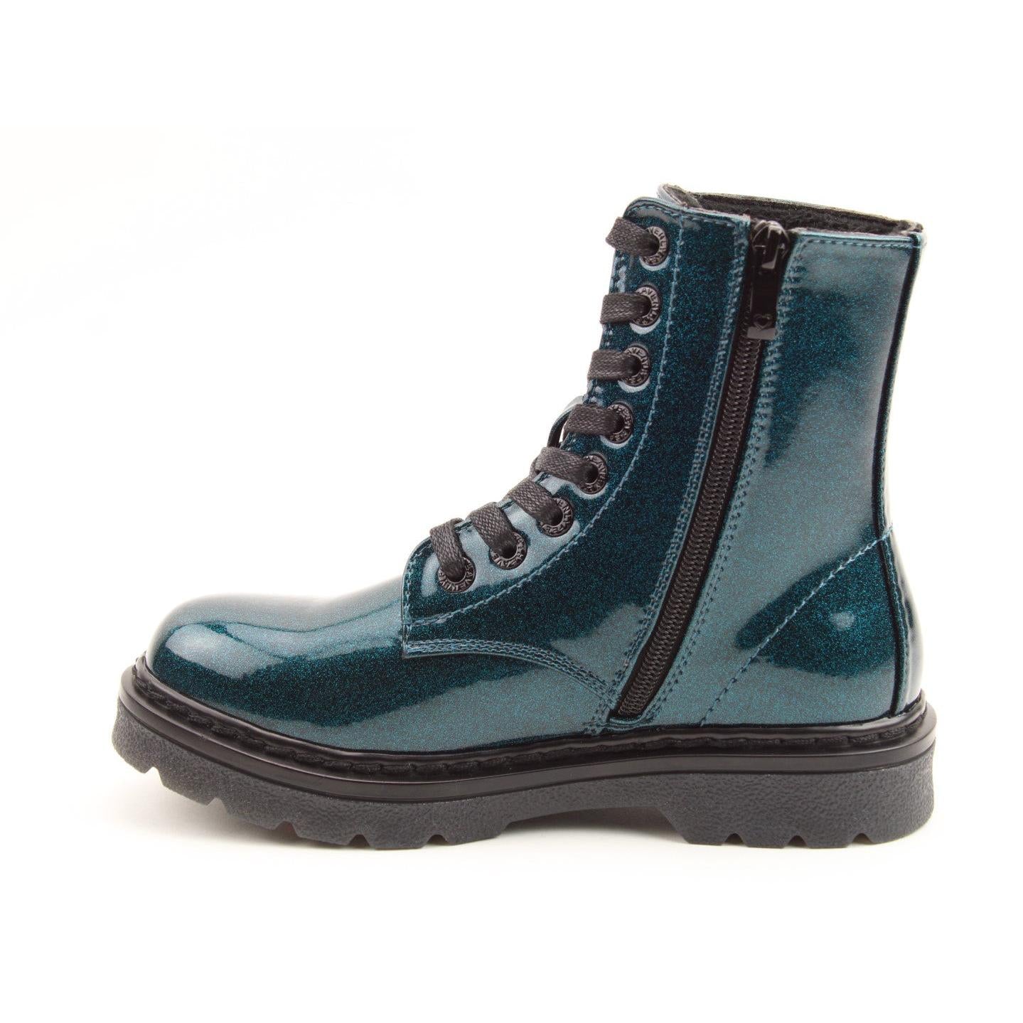 Heavenly Feet Justina2 Glitter Ladies Ocean Vegan Lace & Zip Ankle Boots with shiny glitter finish and rugged sole.