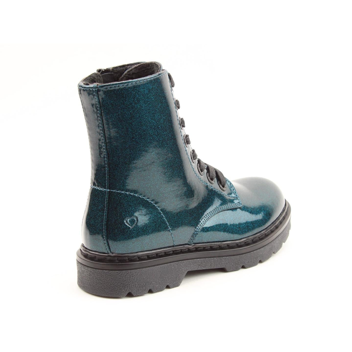 Heavenly Feet Justina2 Glitter women's ocean-colored vegan ankle boots with zip and lace closure, shiny glitter finish, and rugged sole.