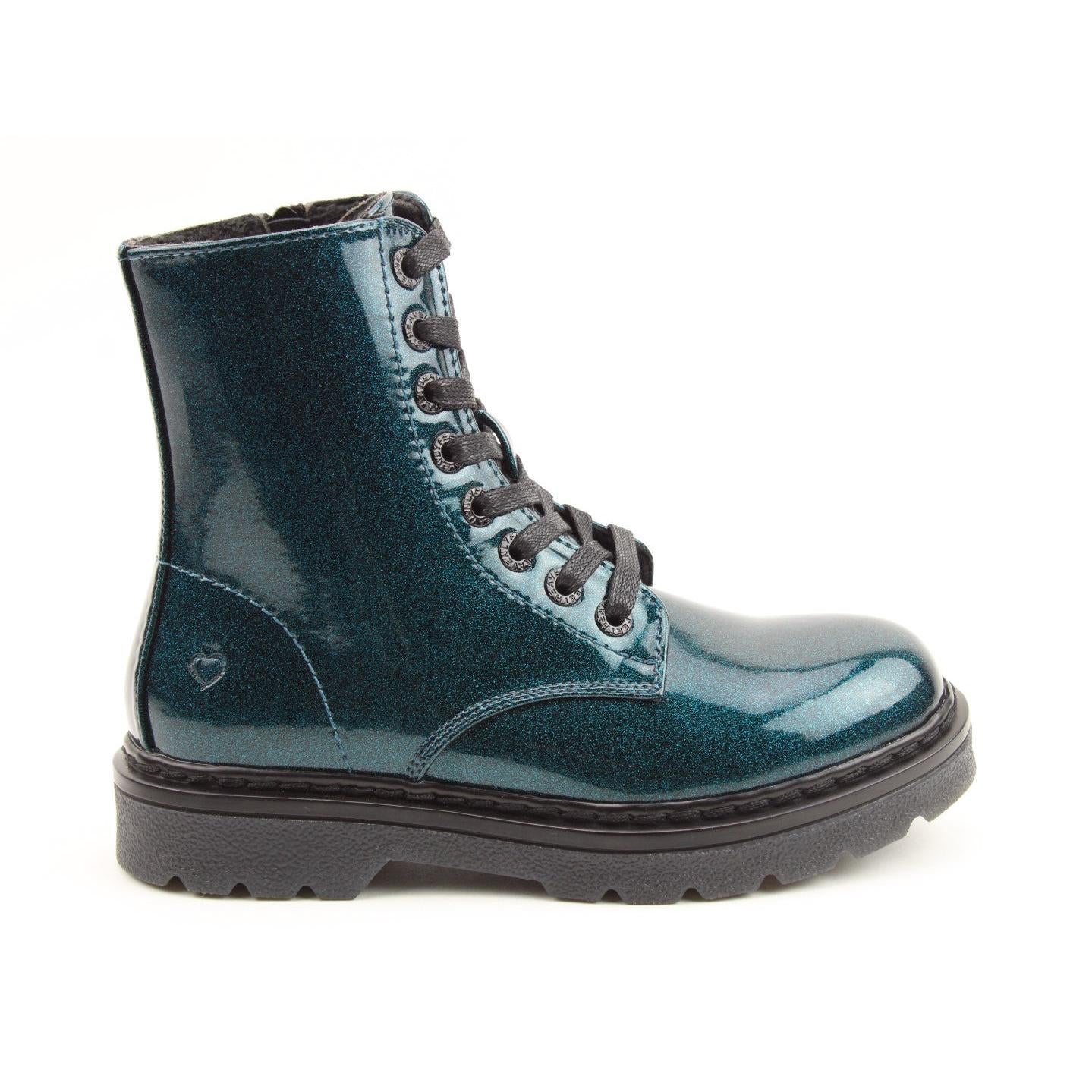 Heavenly Feet Justina2 Glitter vegan ankle boots with ocean glitter finish, lace-up design, and rugged sole.