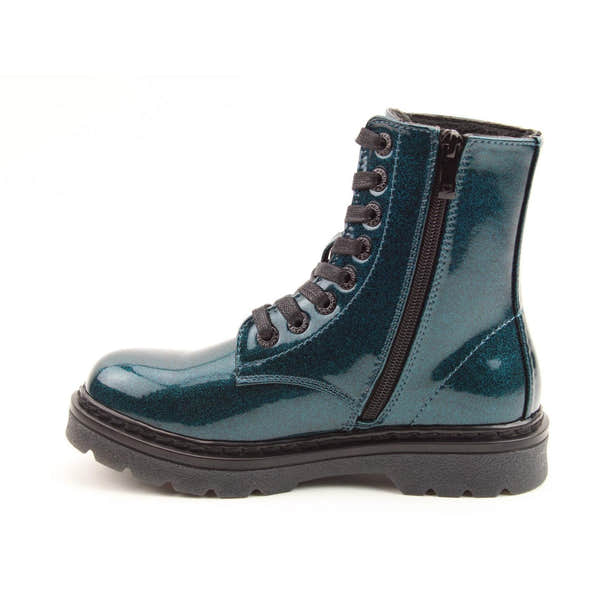 Heavenly Feet Justina2 Glitter Ladies Ocean Vegan Lace & Zip Ankle Boots with shiny glitter finish and rugged sole.