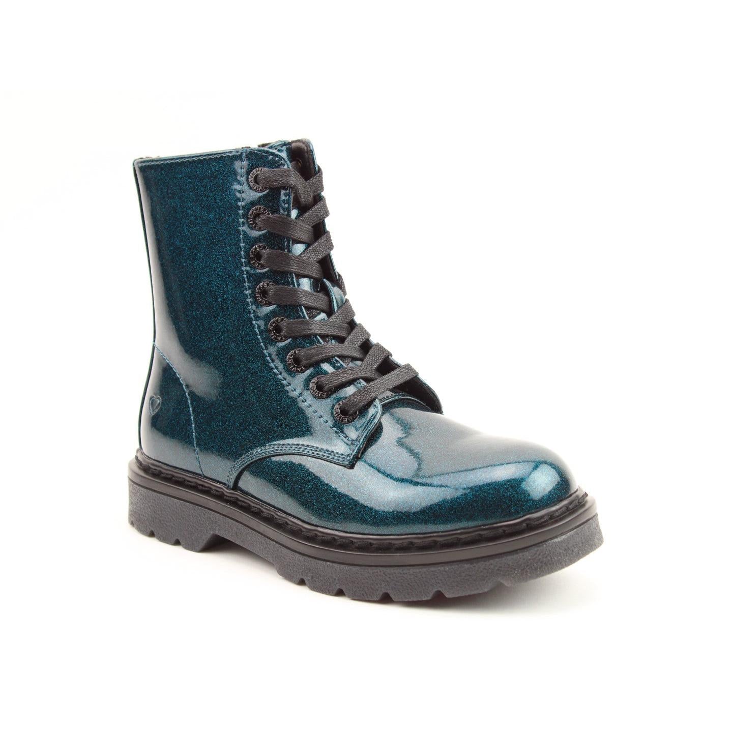 Heavenly Feet Justina2 glitter vegan ankle boots with ocean shimmer, zip and lace closure, chunky sole, and metallic finish.