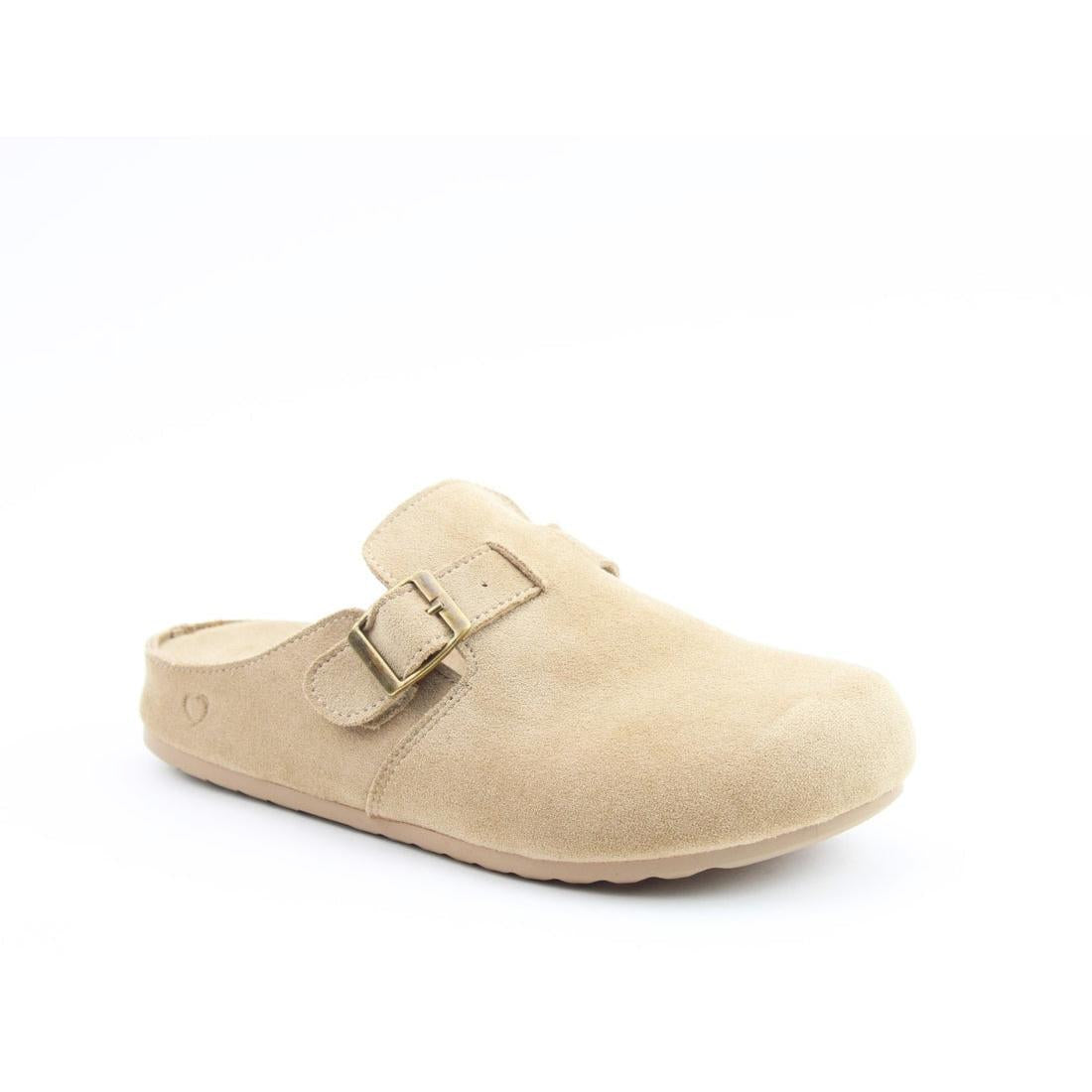Heavenly Feet Ladies Softy Beige Vegan Slippers with buckle strap, cushioned interior, and slip-on design for comfortable wear.