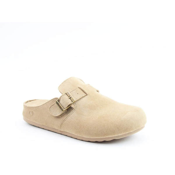 Heavenly Feet Ladies Softy Beige Vegan Slippers with buckle strap, cushioned interior, and slip-on design for comfortable wear.