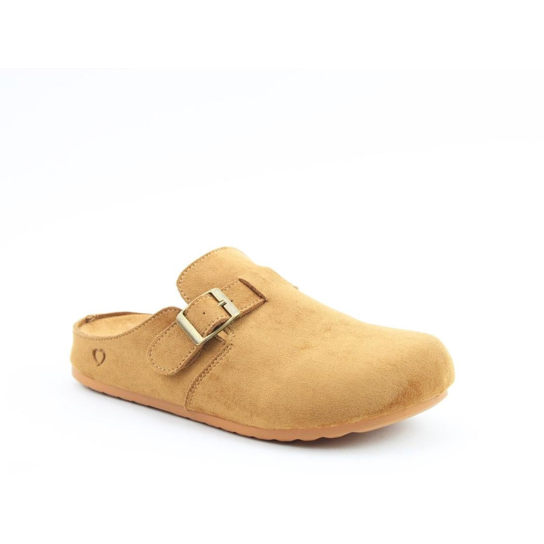 Heavenly Feet Ladies Softy Tan Vegan Slippers with buckle, cushioned comfort, slip-on design, and soft textile upper.