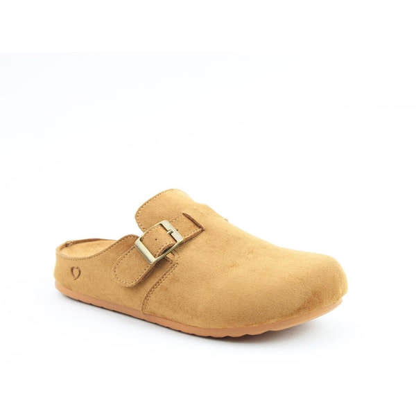 Heavenly Feet Ladies Softy Tan Vegan Slippers with buckle, cushioned comfort, slip-on design, and soft textile upper.