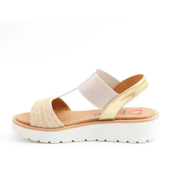 Heavenly Feet Mika women's beige, white, and gold vegan elasticated slide sandals with a chunky white platform sole.