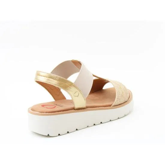 Heavenly Feet Mika women's beige, white, and gold vegan elasticated sandals with cushioned sole and casual style.
