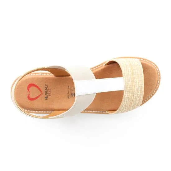 Heavenly Feet Mika ladies vegan elasticated sandals in beige, white, and gold with cushioned footbed and stylish design.