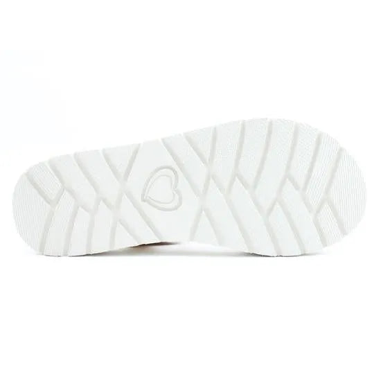 Heavenly Feet Mika women's beige, white, and gold vegan elasticated sandals with slip-resistant white sole.