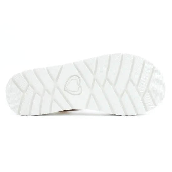 Heavenly Feet Mika women's beige, white, and gold vegan elasticated sandals with slip-resistant white sole.
