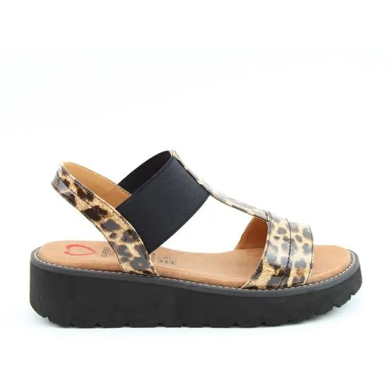 Heavenly Feet Mika women’s vegan leopard print elasticated sandal with chunky black sole and strap detail.