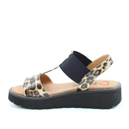 Heavenly Feet Mika women's leopard vegan elasticated slide sandals with black strap, cushioned footbed, and chunky platform sole.