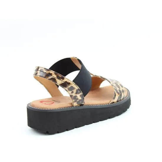 Heavenly Feet Mika women's leopard print vegan elasticated sandals with black strap and chunky platform sole.
