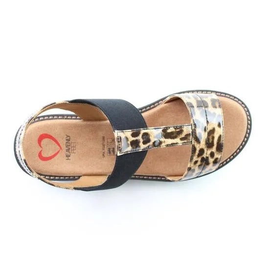 Heavenly Feet Mika women's leopard vegan elasticated sandals with black strap and cushioned footbed.