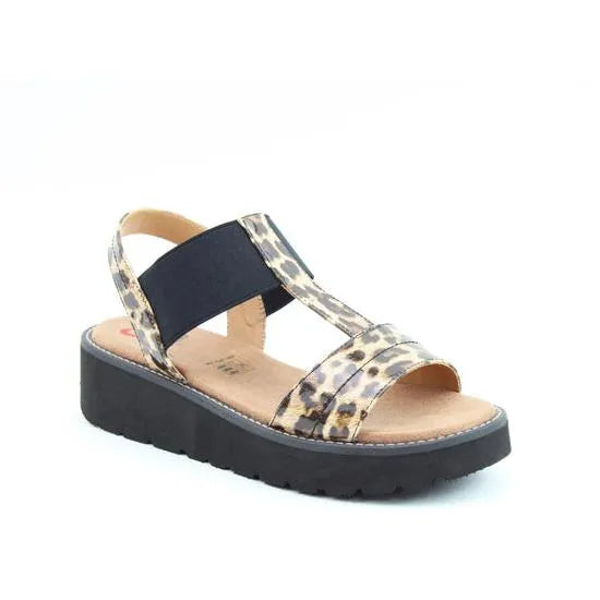 Heavenly Feet Mika women's leopard vegan elasticated sandals with chunky black sole and open toe design.