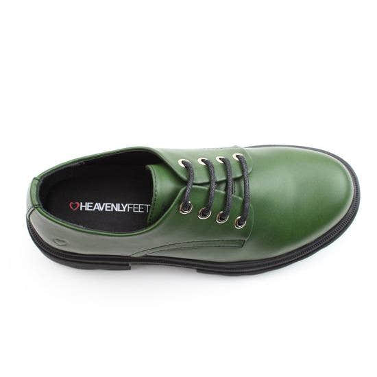 Heavenly Feet Milana ladies leaf green vegan lace-up shoes with black sole, stylish casual footwear for women.