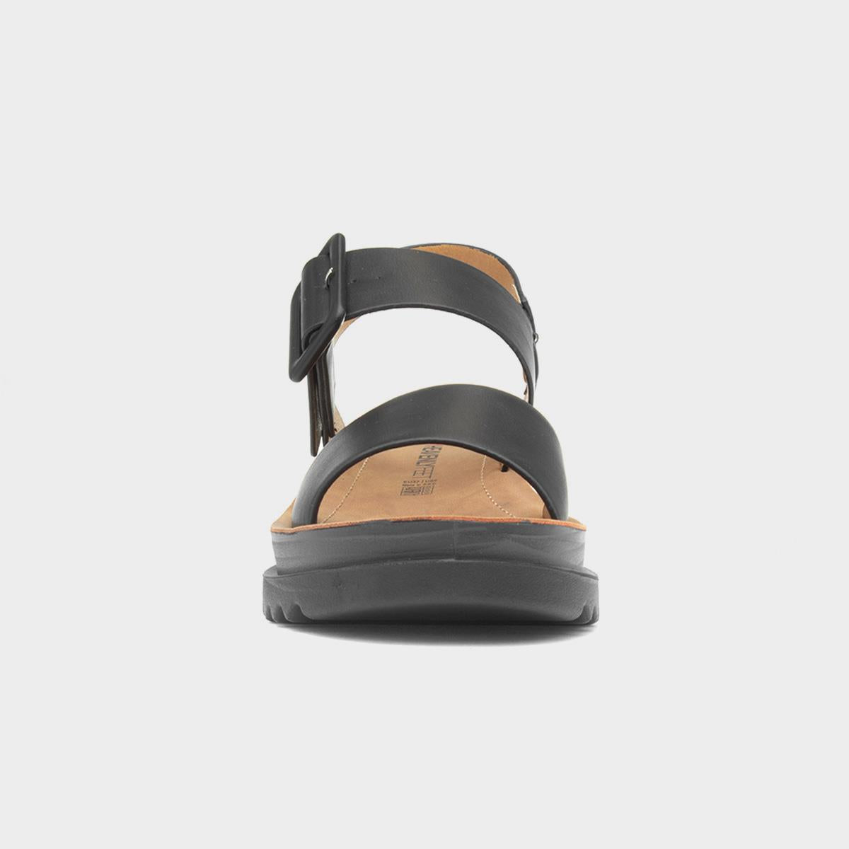 Heavenly Feet Pistachio women's black vegan buckle sandals front view with adjustable ankle strap and cushioned footbed.