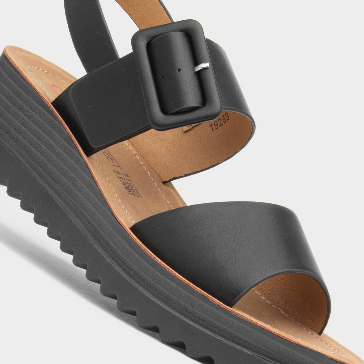 Heavenly Feet Pistachio ladies black vegan buckle sandals with cushioned insole and chunky sole.