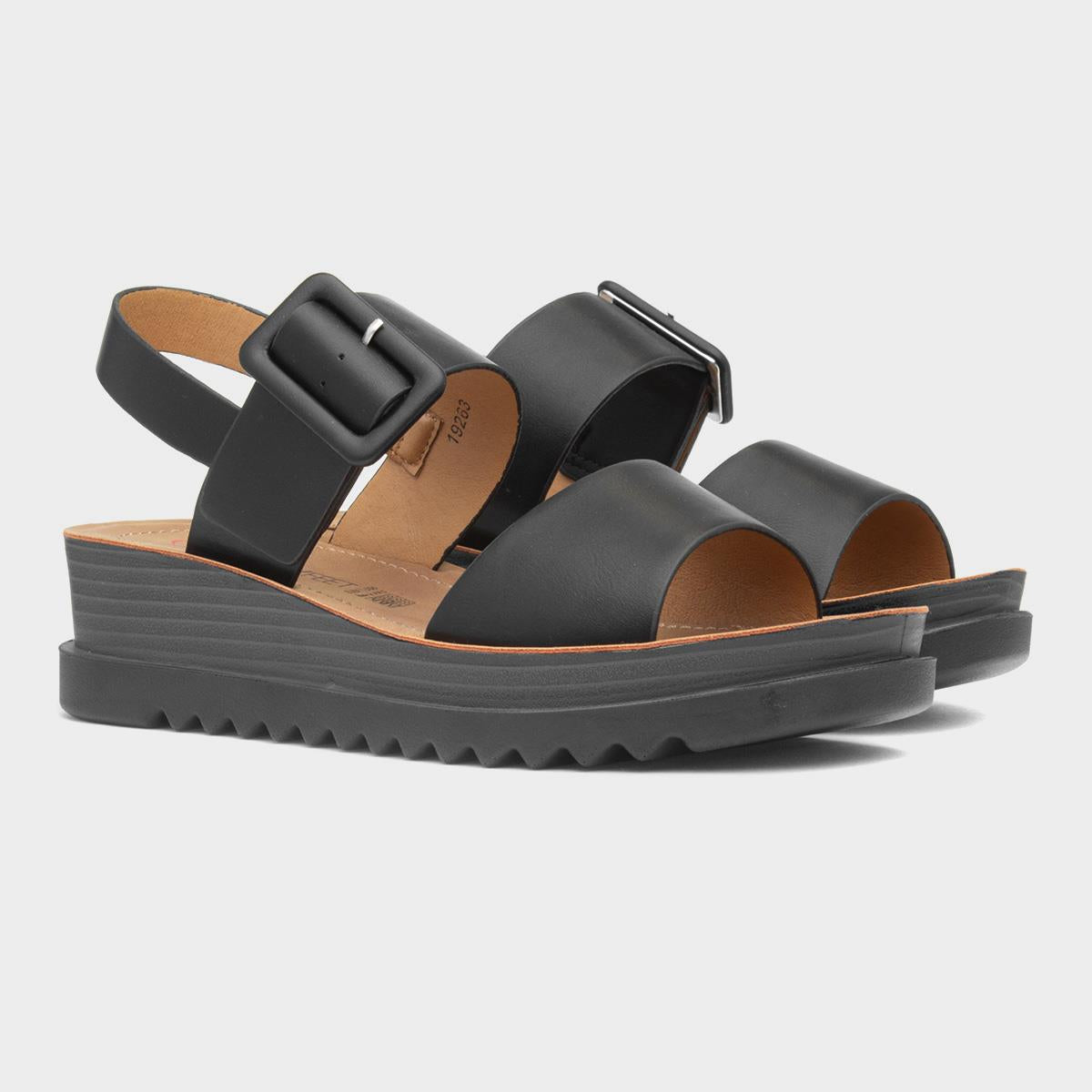 Heavenly Feet Pistachio women's black vegan buckle sandals with thick sole and adjustable straps.