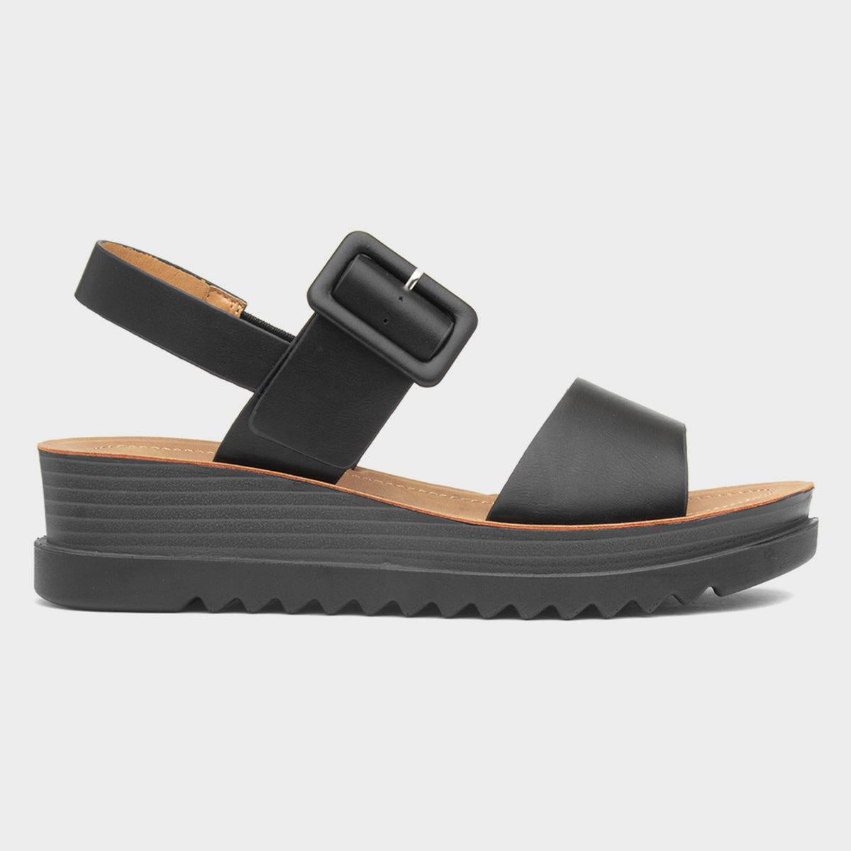 Heavenly Feet Pistachio Ladies Black Vegan Buckle Sandals with platform sole and adjustable ankle strap.
