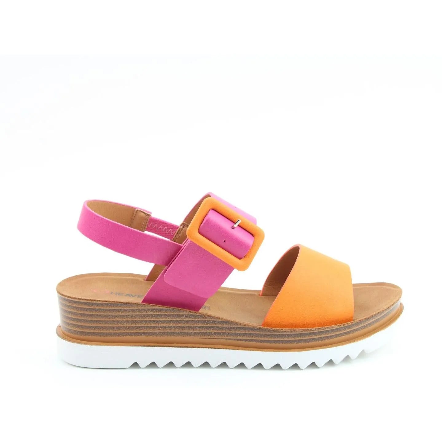 Heavenly Feet pistachio, fuchsia, and orange vegan buckle sandals with a layered sole and adjustable strap.