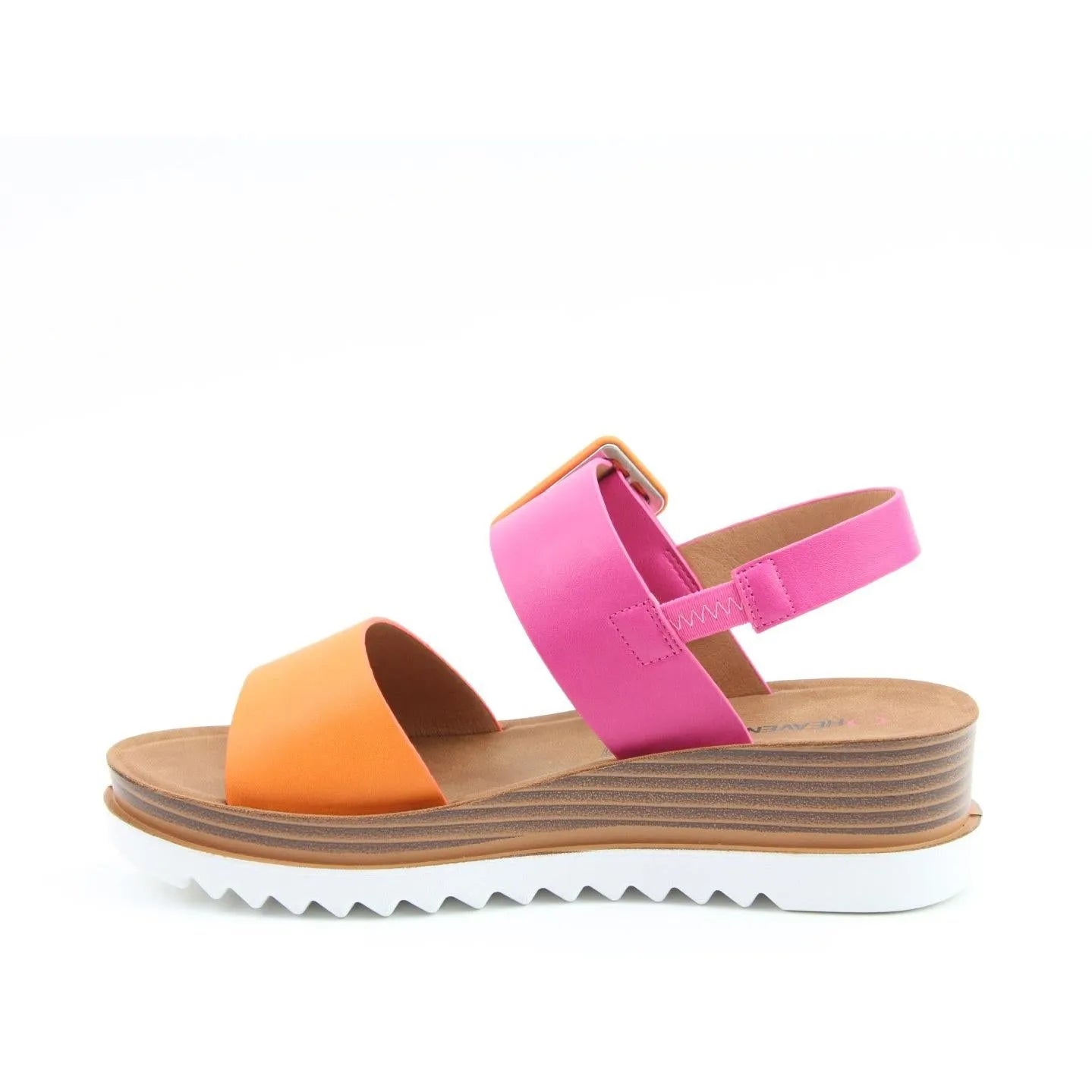 Heavenly Feet Pistachio women's vegan buckle sandals with fuchsia and orange straps, cushioned insole, and chunky sole.