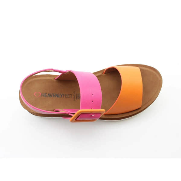 Heavenly Feet women's vegan buckle sandals with pink and orange straps, cushioned footbed, and open-toe design.