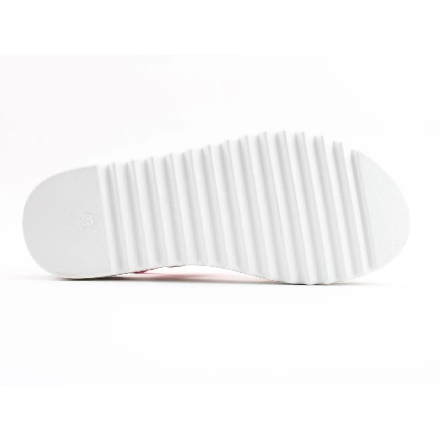 White sole of Heavenly Feet Pistachio Ladies Fuchsia and Orange Vegan Buckle Sandals, textured tread for grip.