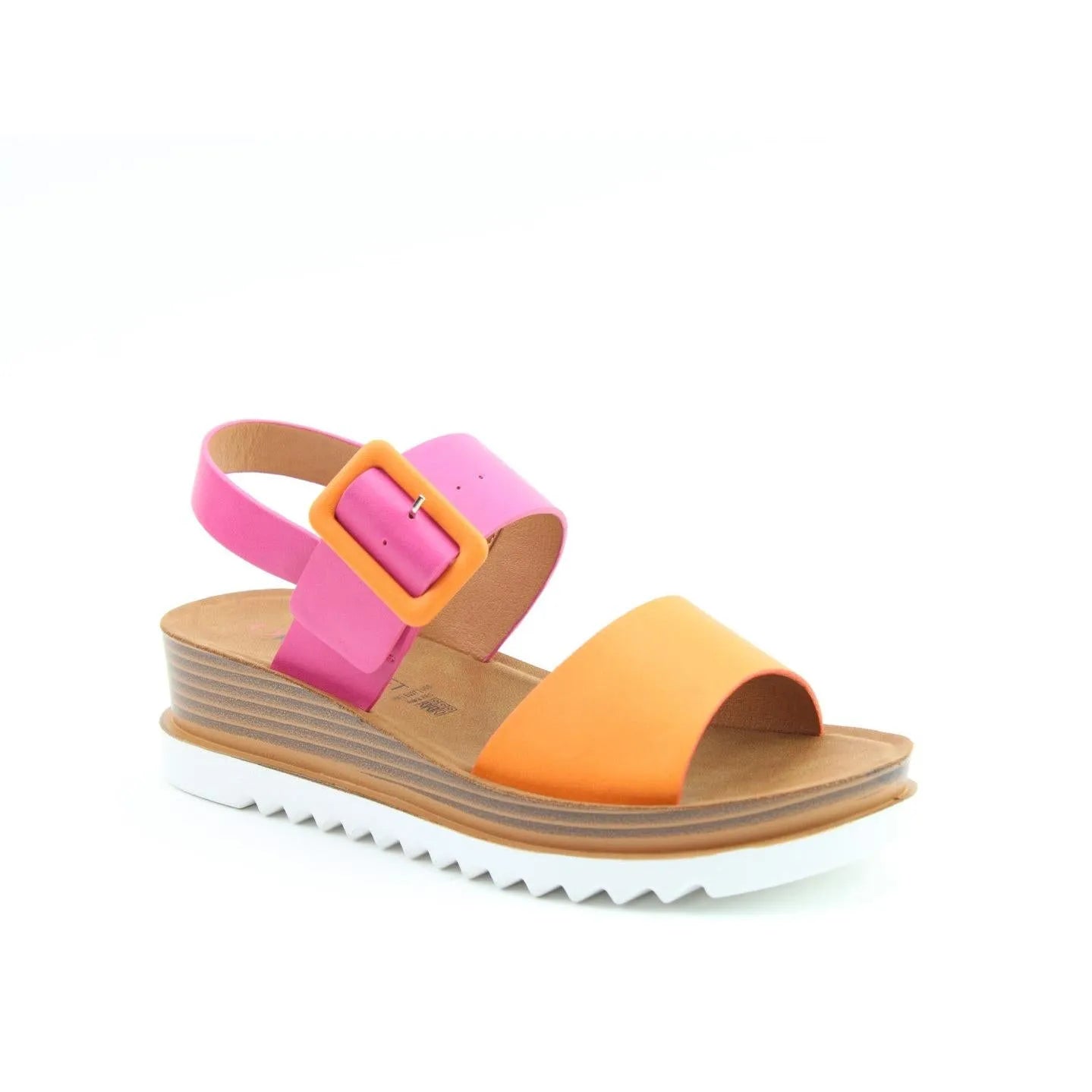 Heavenly Feet Pistachio vegan sandals for women with fuchsia and orange straps, buckle closure, and white ridged sole.