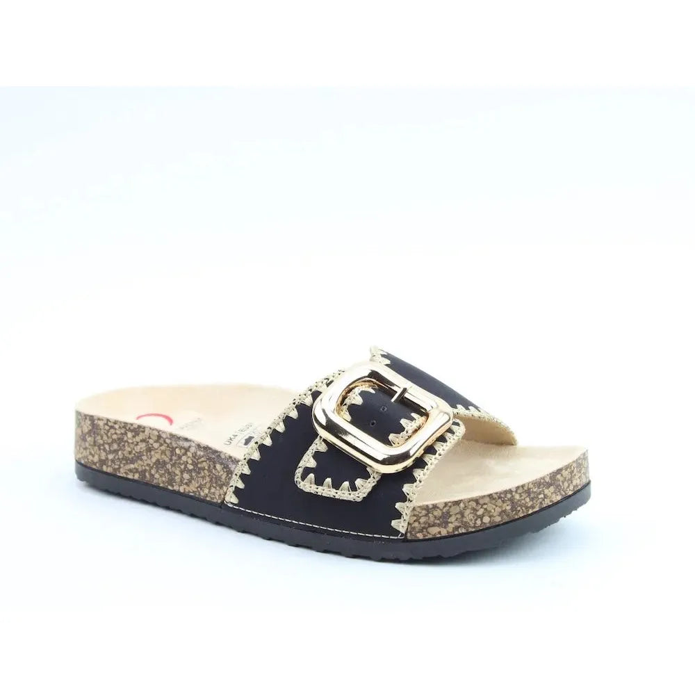 Heavenly Feet Reed Ladies black textile vegan buckle slide sandals with cork footbed and chunky sole.