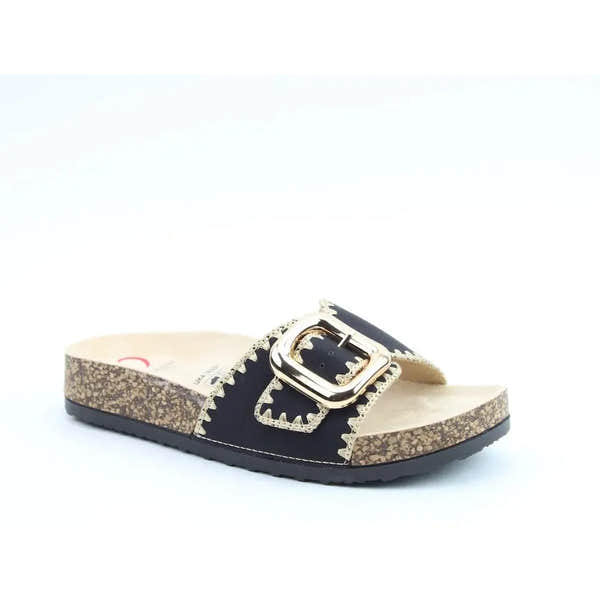 Heavenly Feet Reed Ladies black textile vegan buckle slide sandals with cork footbed and chunky sole.