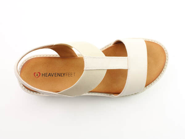 Heavenly Feet Ritz Beige Vegan Pull-On Sandals with cushioned footbed andAdjustable elastic straps.
