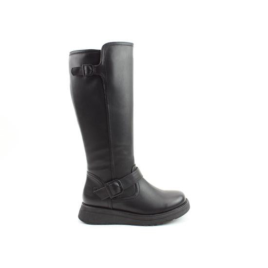 Heavenly Feet Rubymae2 women's black vegan mid-calf boots with side zip and buckle detail.