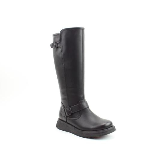 Heavenly Feet Rubymae2 women's black vegan mid-calf boots with side zip, wedge sole, and adjustable strap details.