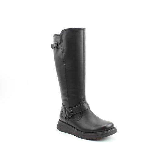 Heavenly Feet Rubymae2 women's black vegan mid-calf boots with side zip, wedge sole, and adjustable strap details.