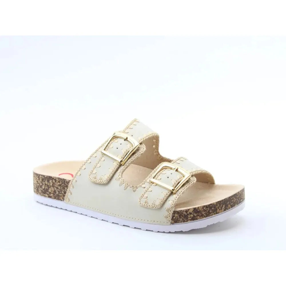Heavenly Feet Sandy Ladies beige textile vegan buckle slide sandals with cork footbed and white sole.