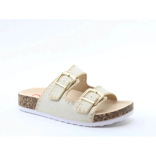 Heavenly Feet Sandy Ladies beige textile vegan buckle slide sandals with cork footbed and white sole.