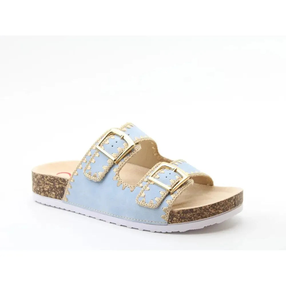 Heavenly Feet Sandy Ladies blue textile vegan buckle sandals with cork footbed and two adjustable straps.