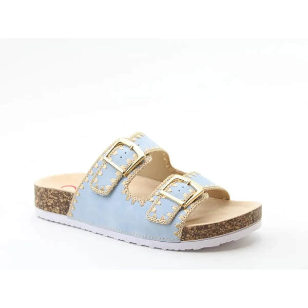 Heavenly Feet Sandy Ladies blue textile vegan buckle sandals with cork footbed and two adjustable straps.