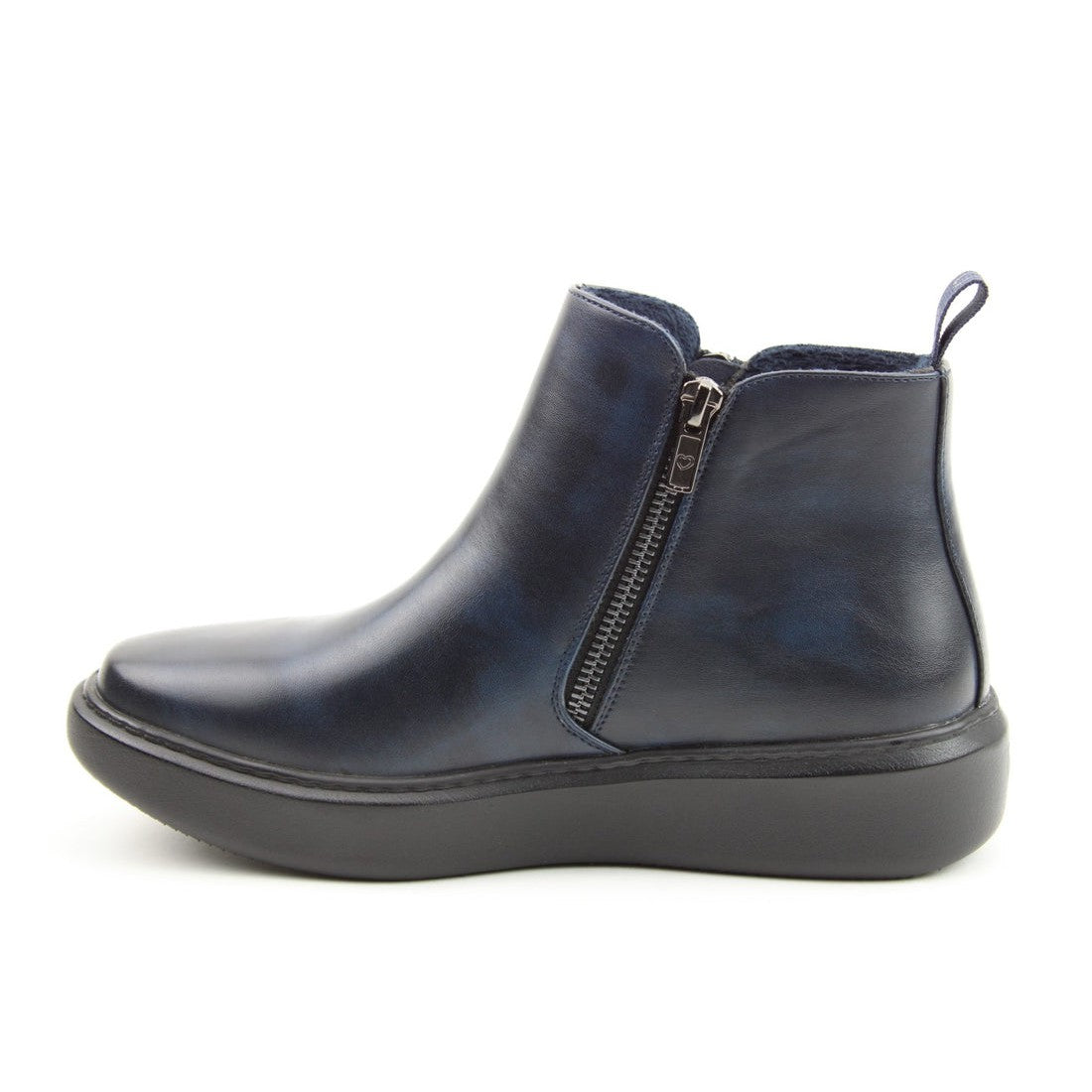 Heavenly Feet Senta Ladies Midnight Navy Vegan Side Zip Ankle Boots, sleek leather style with zipper closure and pull-tab.