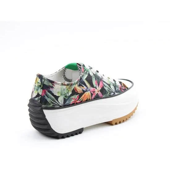 Heavenly Feet Strata women's black floral textile vegan lace-up trainers with a chunky platform sole and lugged tread.