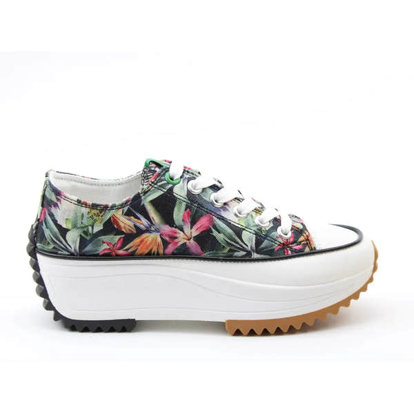 Heavenly Feet Strata lace-up trainers for women with black floral textile, vegan-friendly material, chunky white midsole, and rugged outsole.