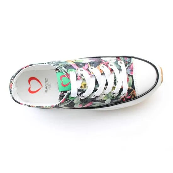 Heavenly Feet Strata women's black floral textile vegan lace-up trainers with white sole and colorful floral pattern.