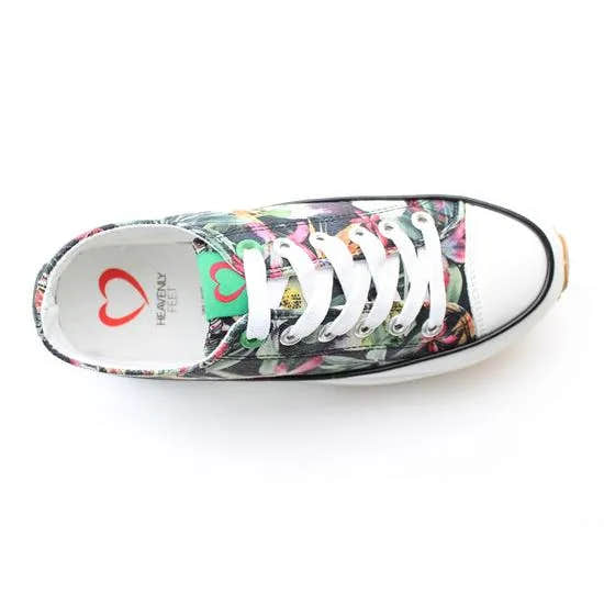Heavenly Feet Strata women's black floral textile vegan lace-up trainers with white sole and colorful floral pattern.