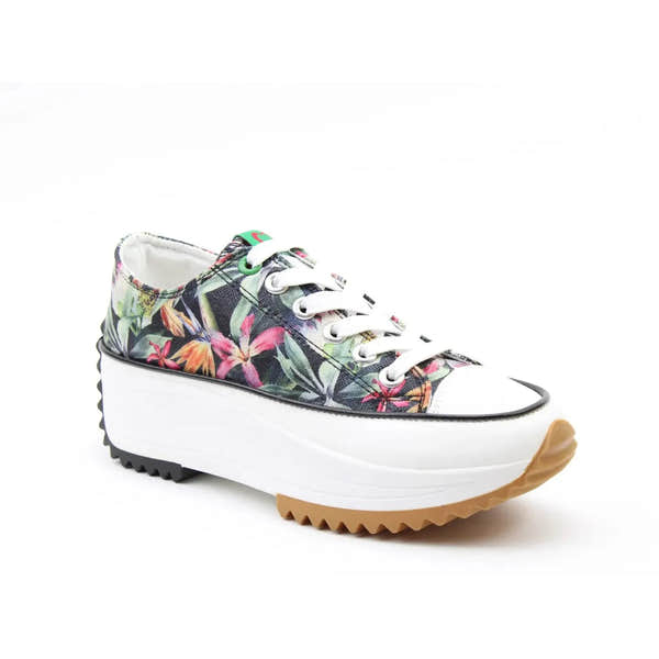 Heavenly Feet Strata Ladies black floral vegan lace-up trainers with chunky white and gum sole, lightweight and stylish footwear.
