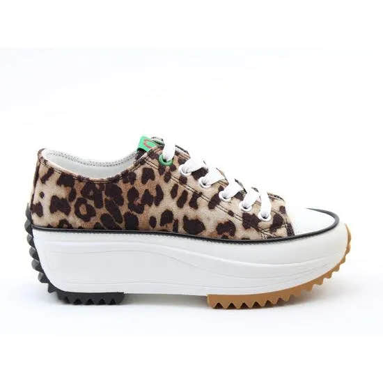 Heavenly Feet Strata women's brown cheetah textile vegan lace-up trainers with chunky white and brown platform sole.