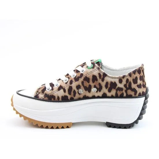 Heavenly Feet Strata women's brown cheetah textile vegan lace-up trainers with chunky white platform sole.