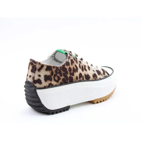 Heavenly Feet Strata ladies' vegan lace-up trainers with brown cheetah textile upper and thick white platform sole.
