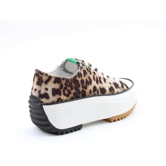 Heavenly Feet Strata ladies' vegan lace-up trainers with brown cheetah textile upper and thick white platform sole.